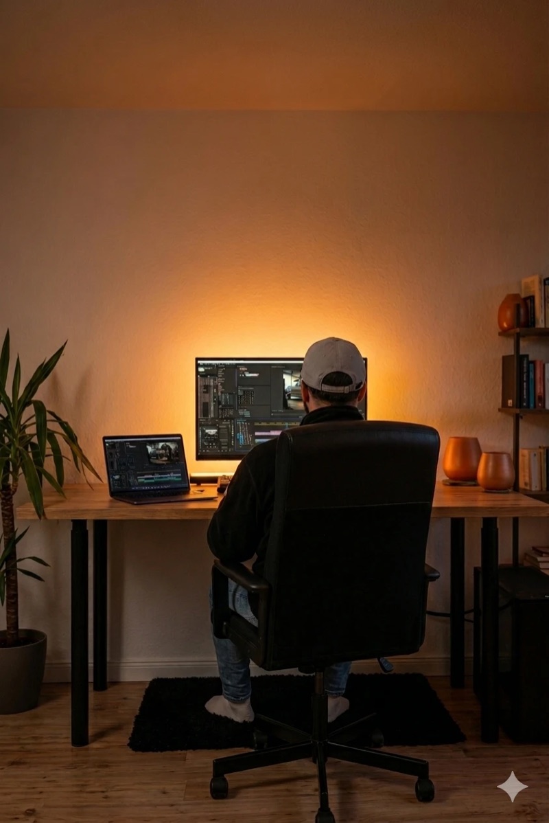 Navid am Schreibtisch beim Schneiden, abends im eigenen Setup
